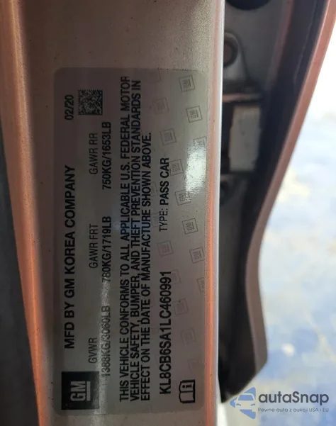 2020 Chevrolet Spark Ls из США, поврежденный, VIN KL8CB6SA1LC460991